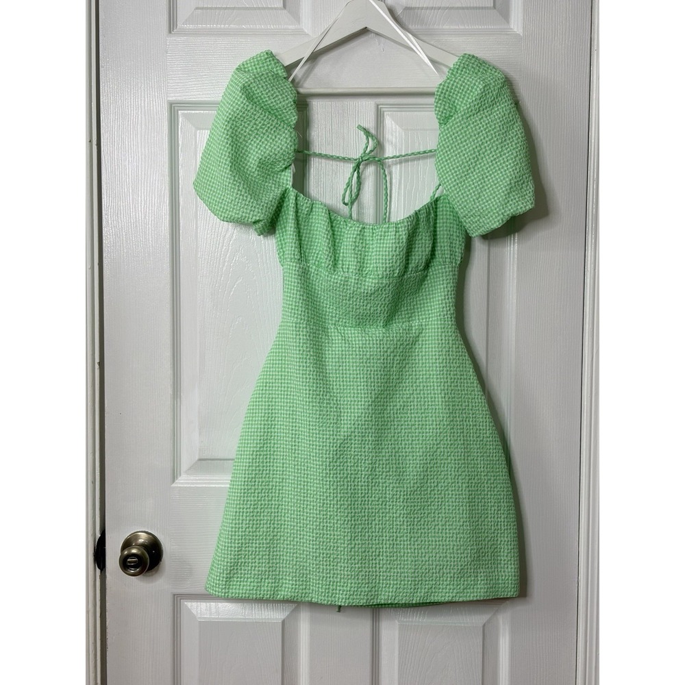 Zara Green Gingham Puff Sleeve Mini Dress Cottagecore Coquette Picnic Fairycore - Picture 2 of 7
